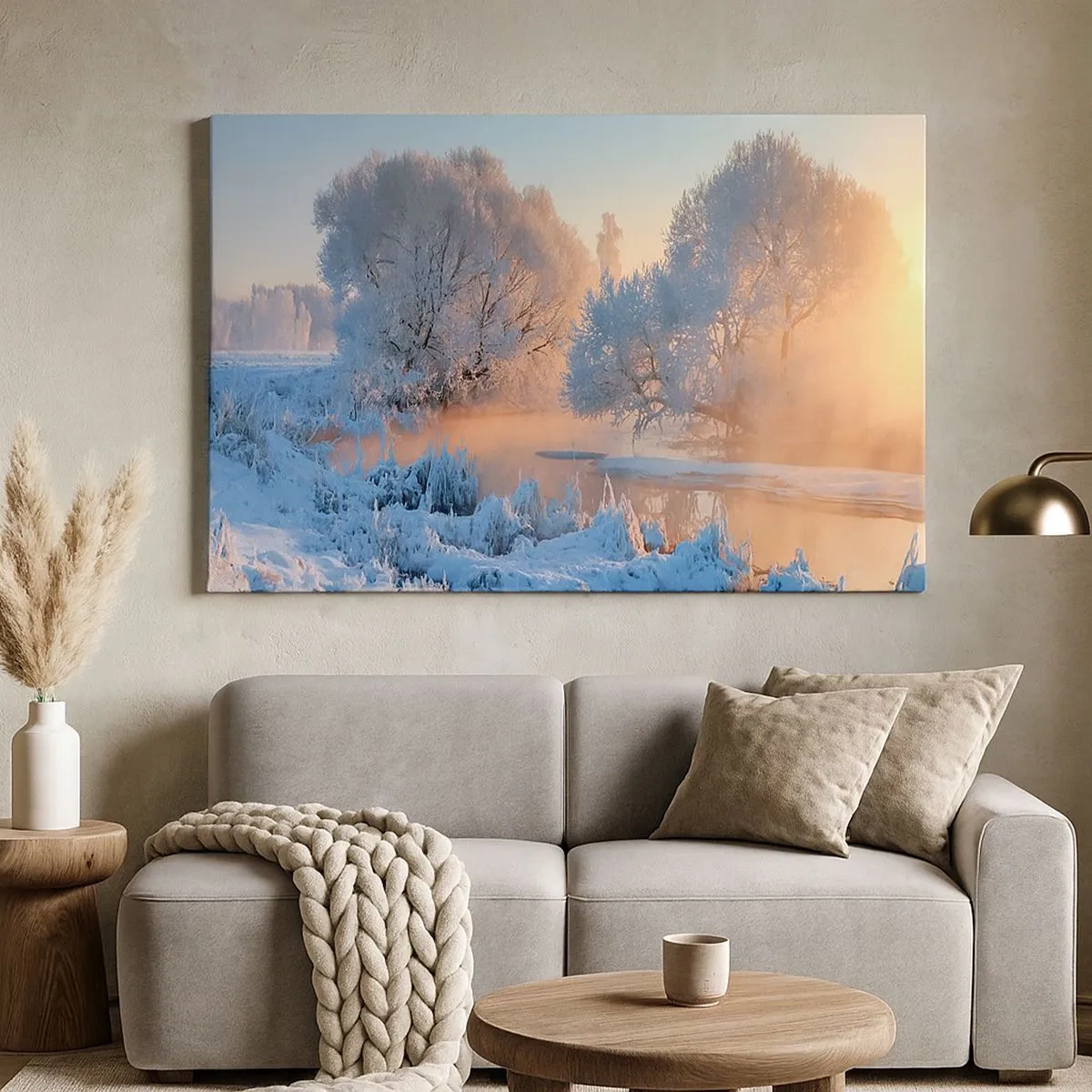 Cuadro sobre lienzo - Impresión de Imagen - Paisaje invernal con árboles cubiertos de nieve y una puesta de sol. - 70x50cm - Brillo cristalino - Decoración de pared moderna para salón y dormitorio ARTTOR