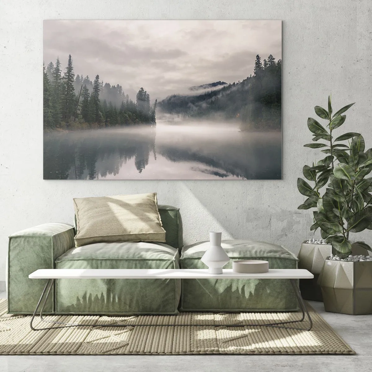 Cuadro sobre vidrio - Impresiones sobre Vidrio - Vista matutina de un lago en el bosque, envuelto en niebla. - 70x50cm - En el ensueño, en la niebla - Decoración de pared moderna para salón y dormitorio ARTTOR