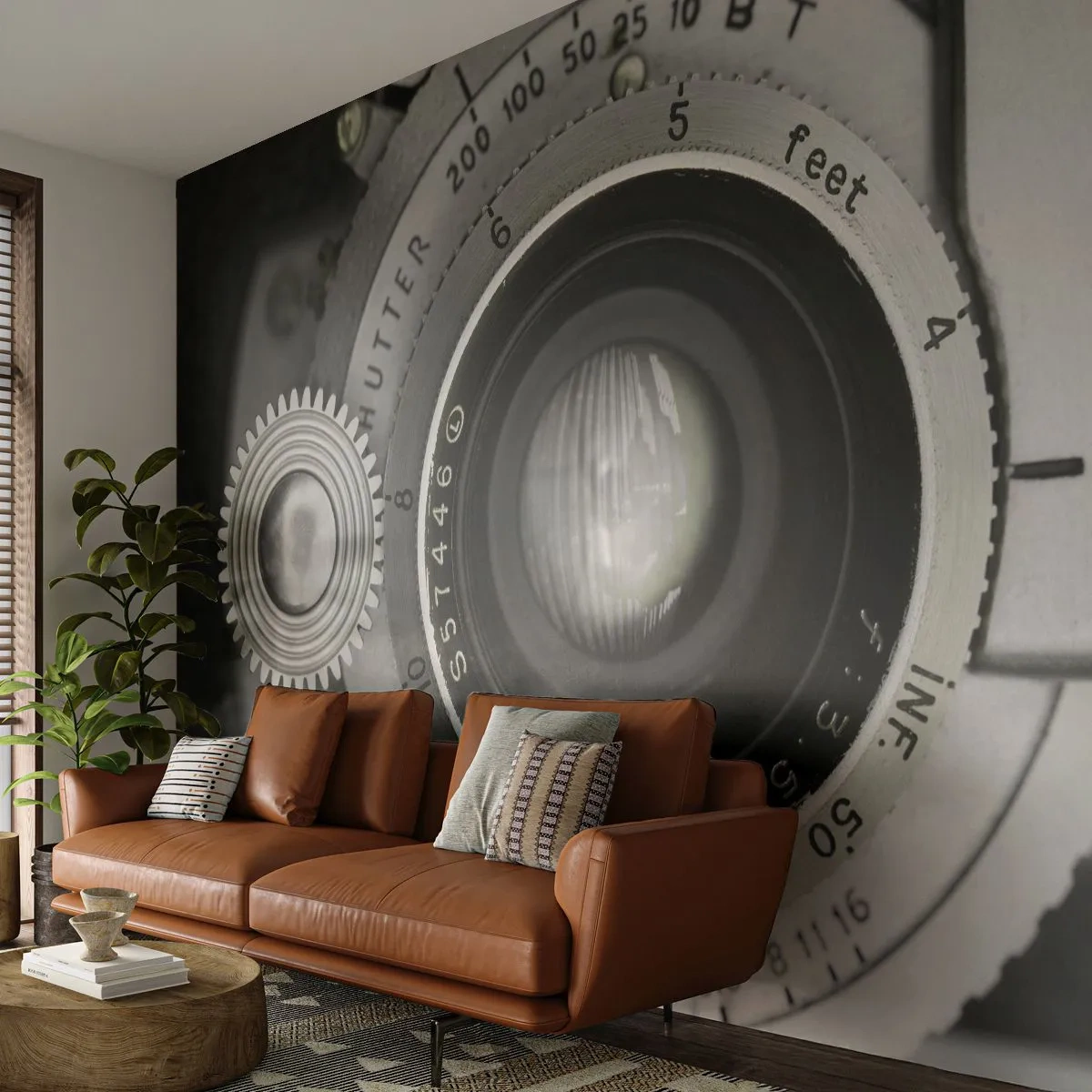 Fotomural Premium Sand - Primer plano de la lente de una cámara analógica - 100x70cm - Una historia de Hollywood - Decoración de pared moderna para salón y dormitorio ARTTOR