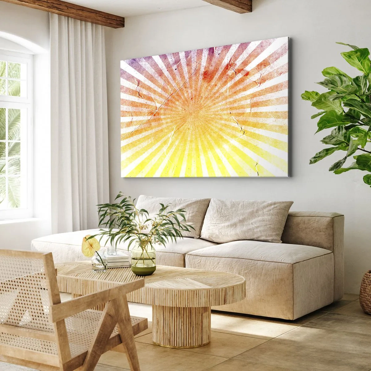 Cuadro sobre lienzo - Impresión de Imagen - Rayos de sol en tonos naranja y amarillo. - 70x50cm - Renacer del sol - Decoración de pared moderna para salón y dormitorio ARTTOR