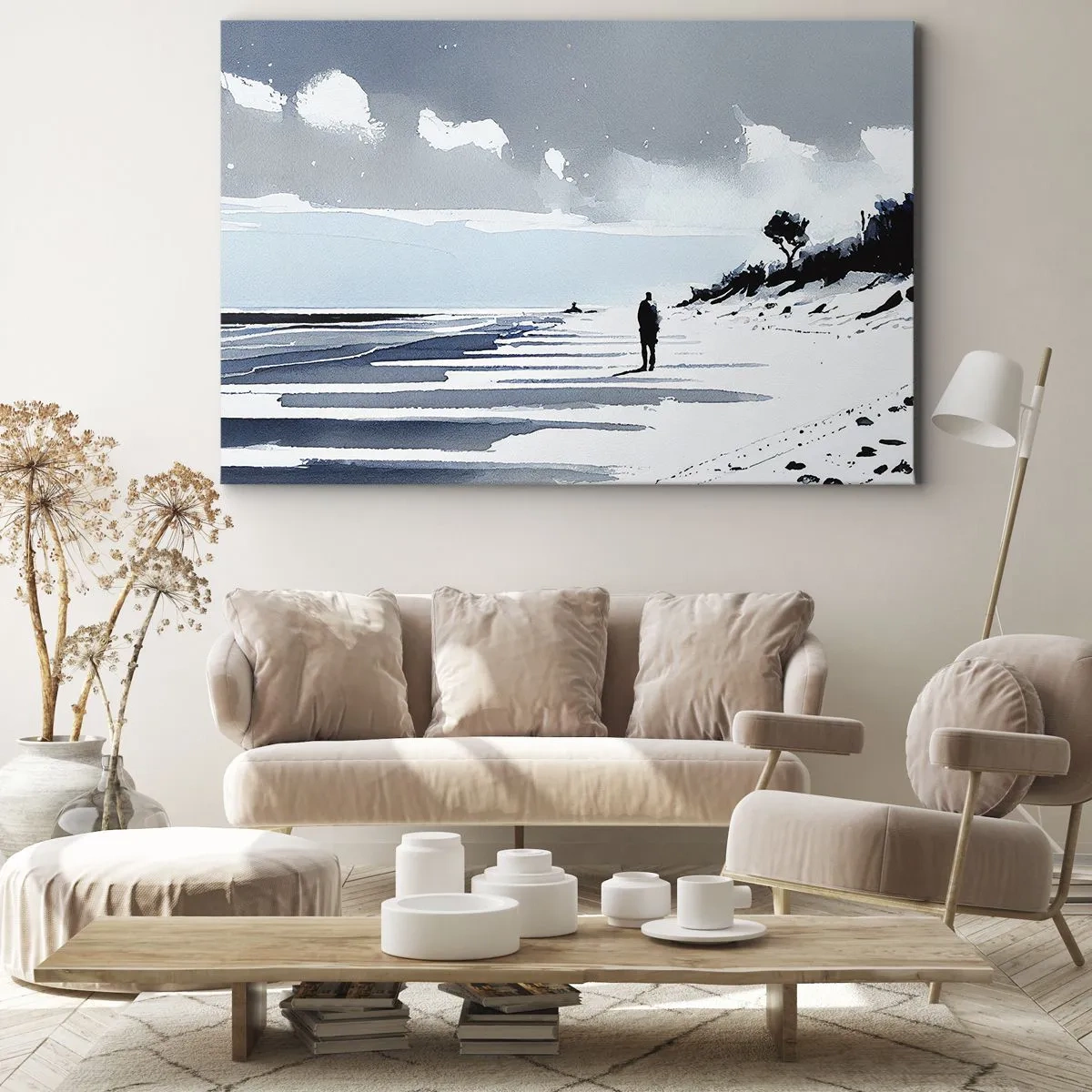 Cuadro sobre lienzo - Impresión de Imagen - Una figura solitaria caminando por una playa vacía - 120x80cm - Solo conmigo mismo - Decoración de pared moderna para salón y dormitorio ARTTOR