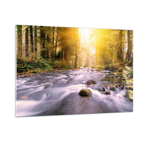 Cuadro sobre vidrio - Impresiones sobre Vidrio - Arroyo del bosque a la luz del sol - 120x80cm - Malaquita en un marco de plata y oro - Decoración de pared moderna para salón y dormitorio ARTTOR