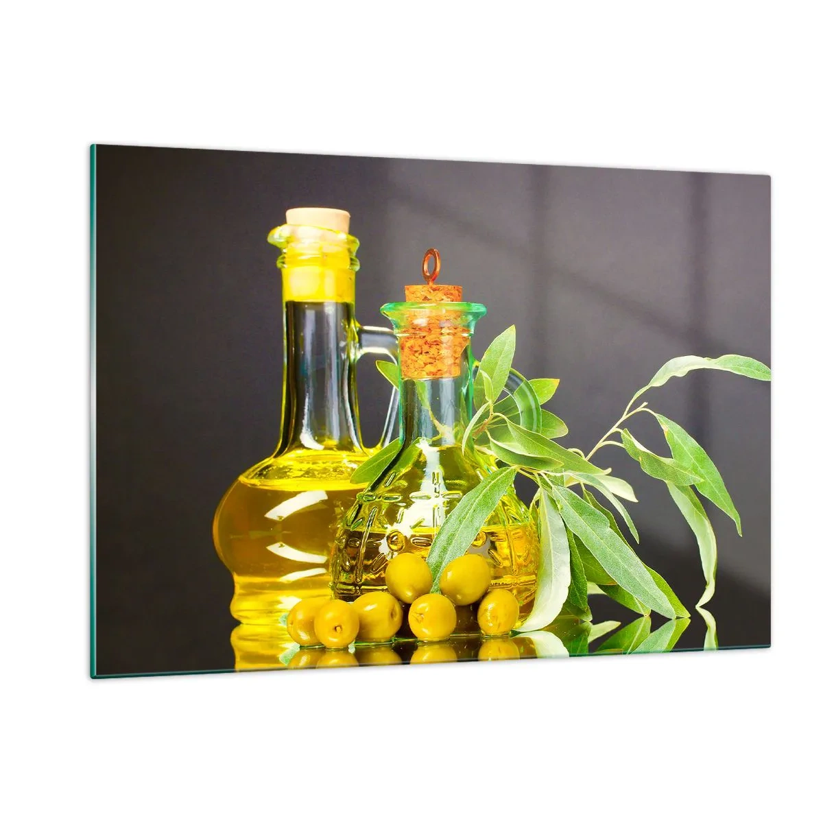 Cuadro sobre vidrio - Impresiones sobre Vidrio - Botellas de aceite de oliva y una rama con aceitunas al fondo - 120x80cm - Bodegón con aceitunas y aceite - Decoración de pared moderna para salón y dormitorio ARTTOR