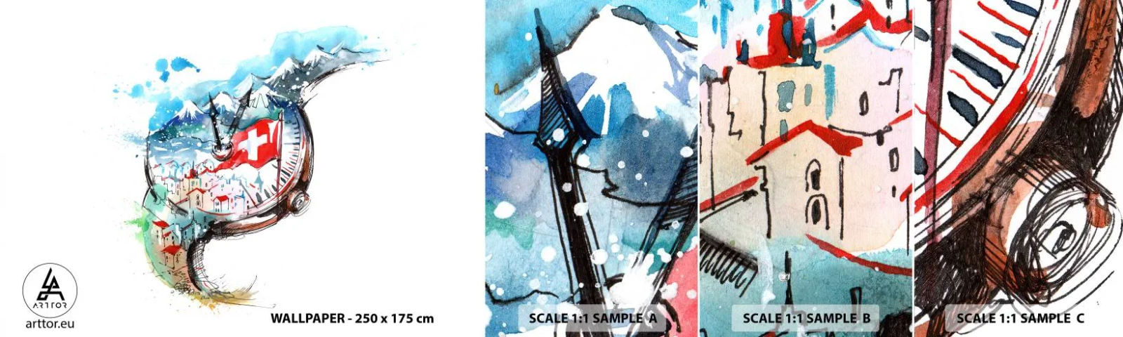 Muestra de fotomural autoadhesivo Deluxe Sticker - El espíritu de Suiza - Abstracción, Reloj suizo, Alpes - 100x30 cm