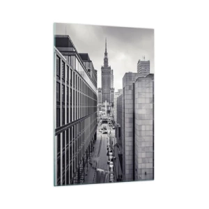 Cuadro sobre vidrio - Impresiones sobre Vidrio - Panorama de Varsovia con vistas al Palacio de la Cultura y los edificios circundantes. - 70x100cm - Valle de Varsovia - Decoración de pared moderna para salón y dormitorio ARTTOR