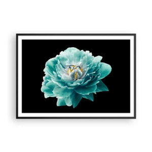 Póster en marco negro - Flor de peonía turquesa sobre fondo negro - 100x70cm - Pétalos azules y dorados - Decoración de pared moderna para salón y dormitorio ARTTOR