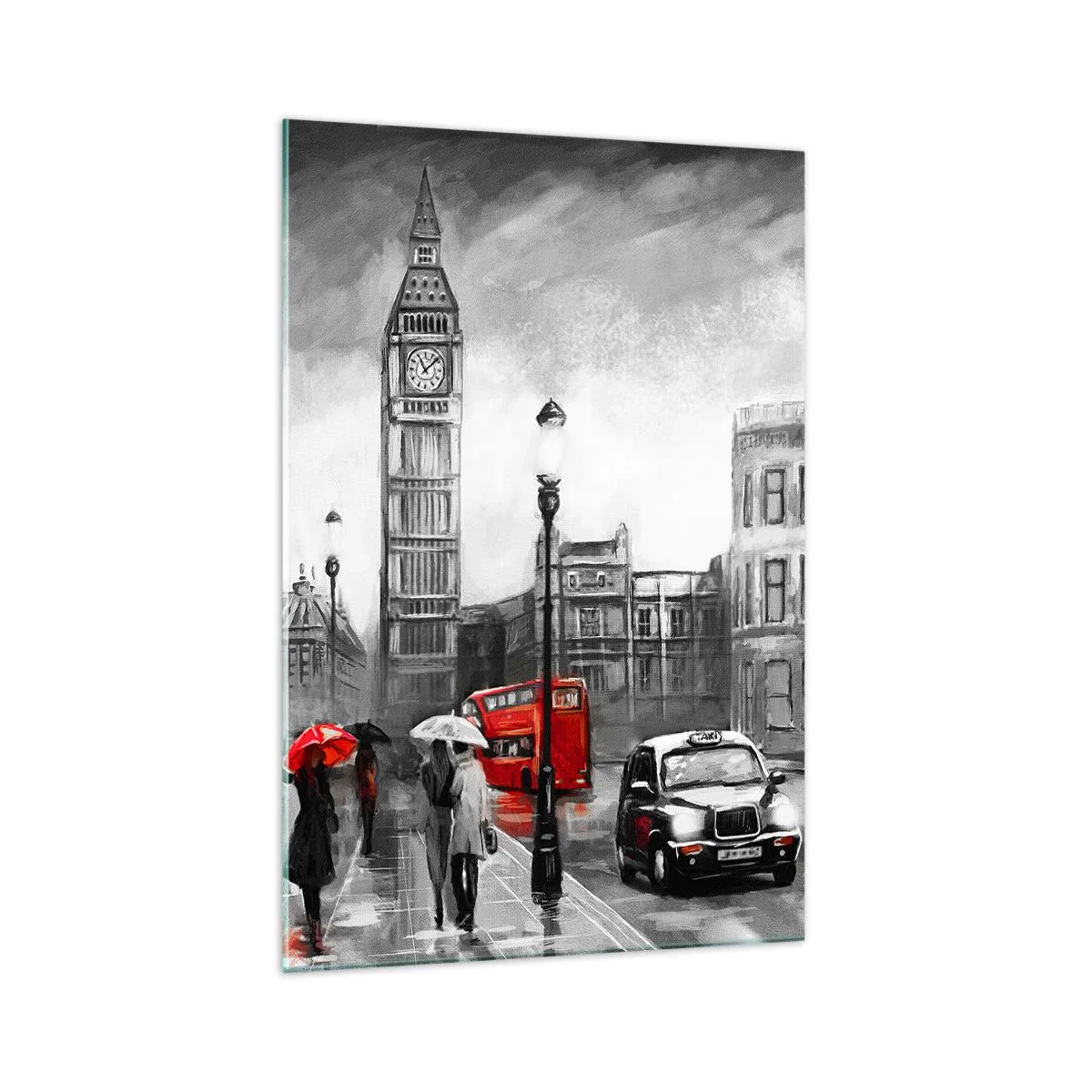 Cuadro sobre vidrio - Impresiones sobre Vidrio - Una escena de Londres en blanco y negro con acentos rojos. - 70x100cm - No tan gris como la pintan - Decoración de pared moderna para salón y dormitorio ARTTOR