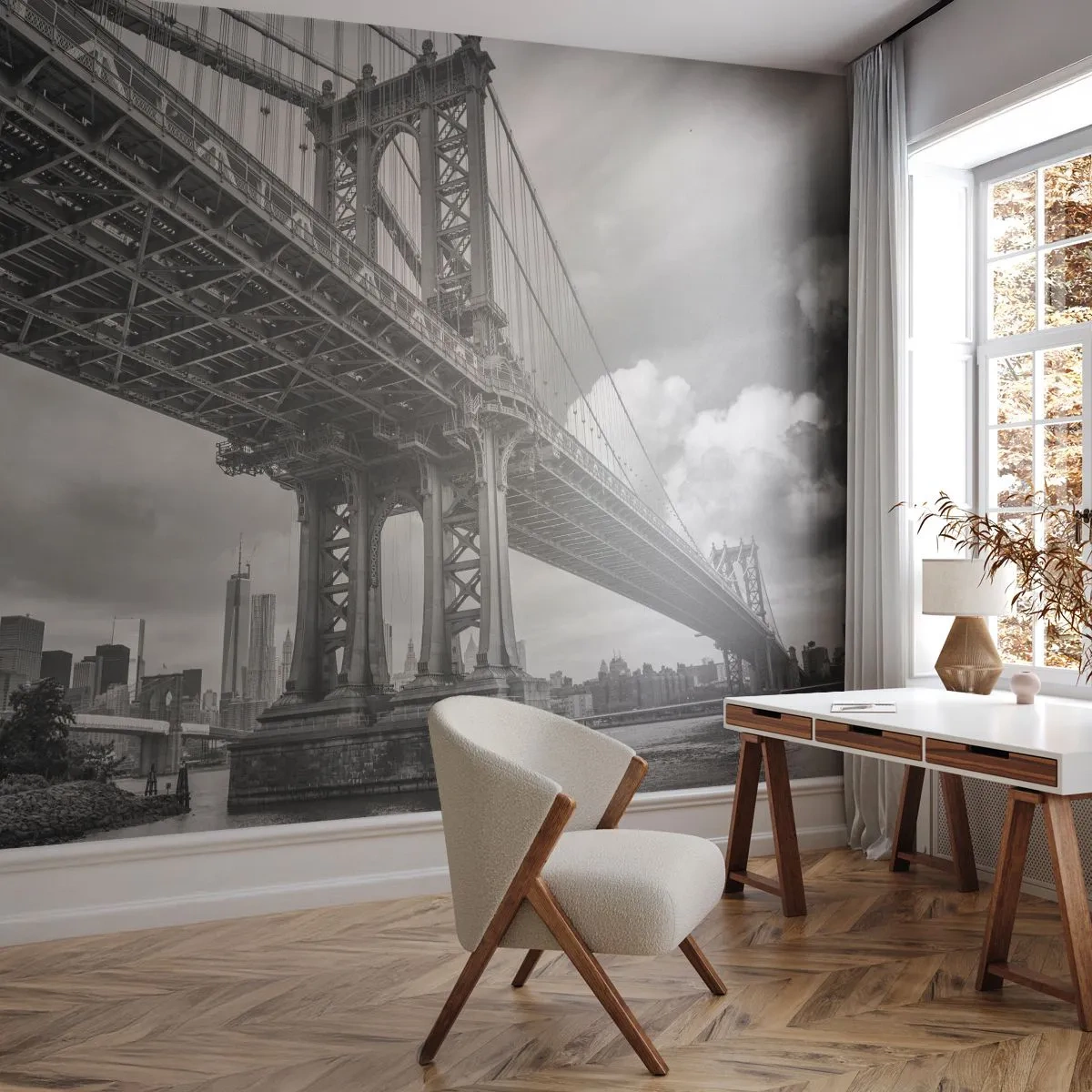 Fotomural Premium Sand - Un puente monocromático con el horizonte de la ciudad al fondo. - 100x70cm - Al corazón de la ciudad - Decoración de pared moderna para salón y dormitorio ARTTOR