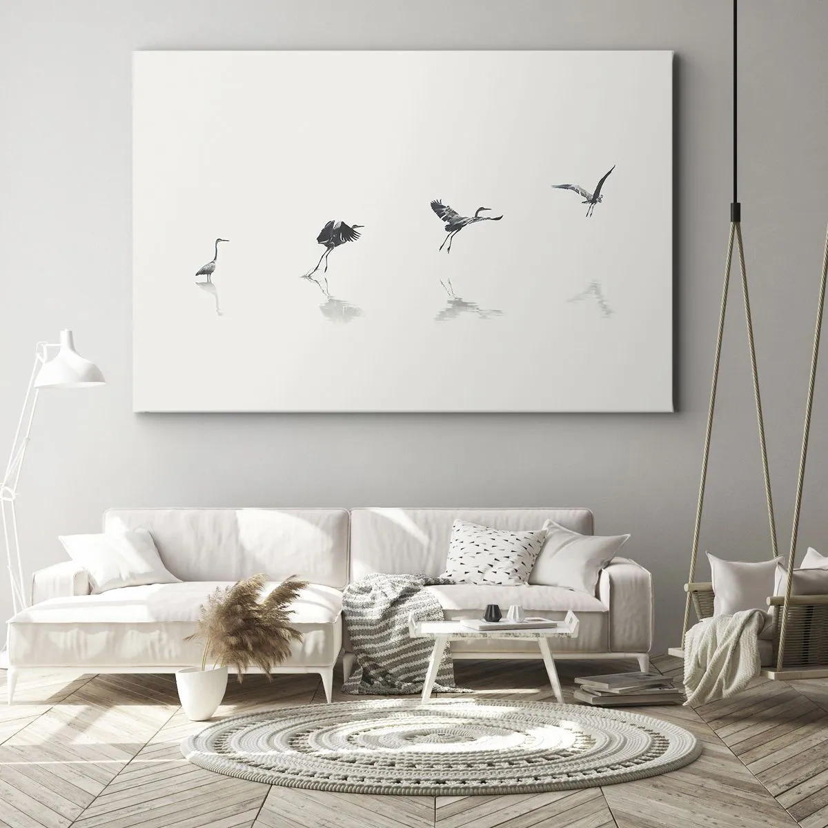 Cuadro sobre lienzo - Impresión de Imagen - Cuatro siluetas de aves reflejadas en el agua tranquila. - 120x80cm - Cuatro sencillos pasos para despegar - Decoración de pared moderna para salón y dormitorio ARTTOR