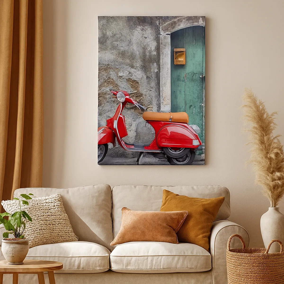 Cuadro sobre lienzo - Impresión de Imagen - Scooter rojo junto a la puerta verde - 50x70cm - Vacaciones en Italia - Decoración de pared moderna para salón y dormitorio ARTTOR