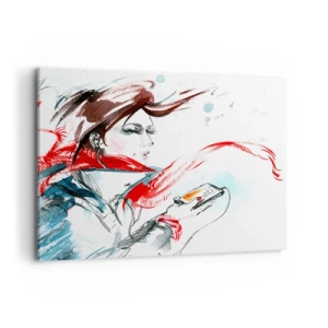 Cuadro sobre lienzo - Impresión de Imagen - Una mujer con un pañuelo rojo con pinceladas dinámicas de acuarela. - 100x70cm - Algo suena dentro de mí - Decoración de pared moderna para salón y dormitorio ARTTOR