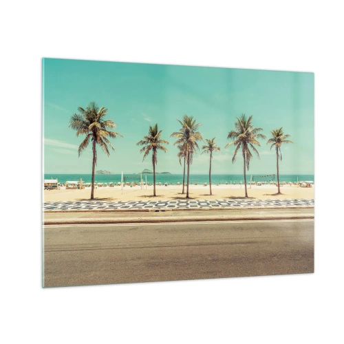 Cuadro sobre vidrio - Impresiones sobre Vidrio - Palmeras en el paseo marítimo con la playa y el océano al fondo - 70x50cm - En la playa - Decoración de pared moderna para salón y dormitorio ARTTOR