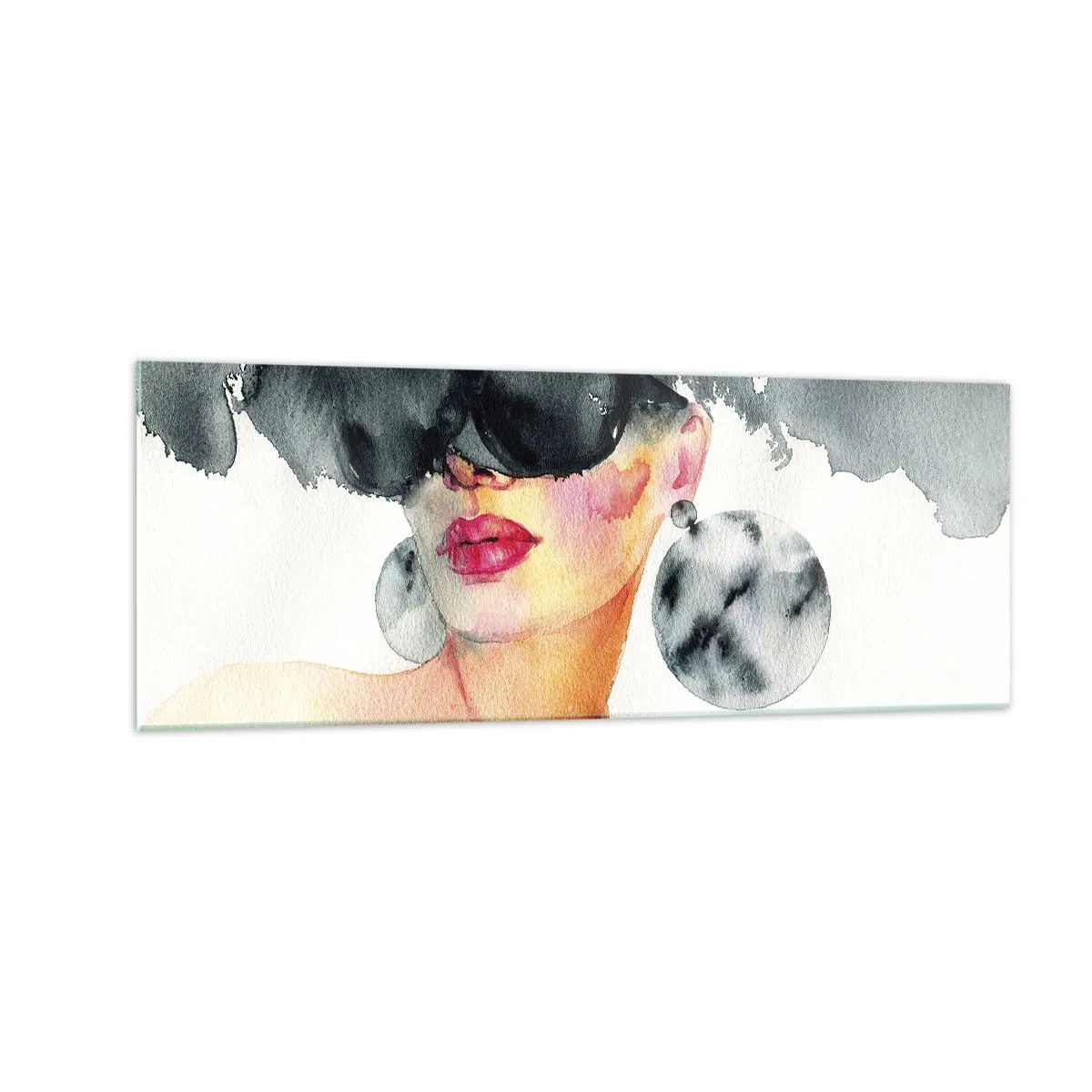 Cuadro sobre vidrio - Impresiones sobre Vidrio - Una mujer con gafas elegantes y pendientes grandes. - 140x50cm - El secreto de la elegancia - Decoración de pared moderna para salón y dormitorio ARTTOR