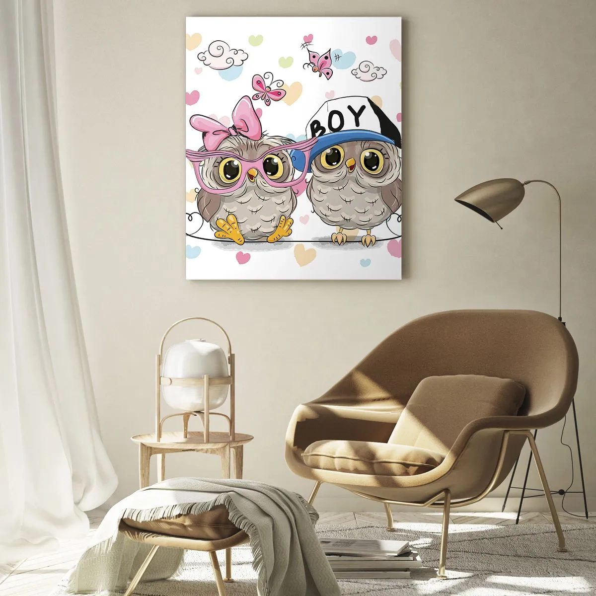Cuadro sobre vidrio - Impresiones sobre Vidrio - Dos adorables búhos rodeados de corazones. - 80x120cm - El amor - Decoración de pared moderna para salón y dormitorio ARTTOR