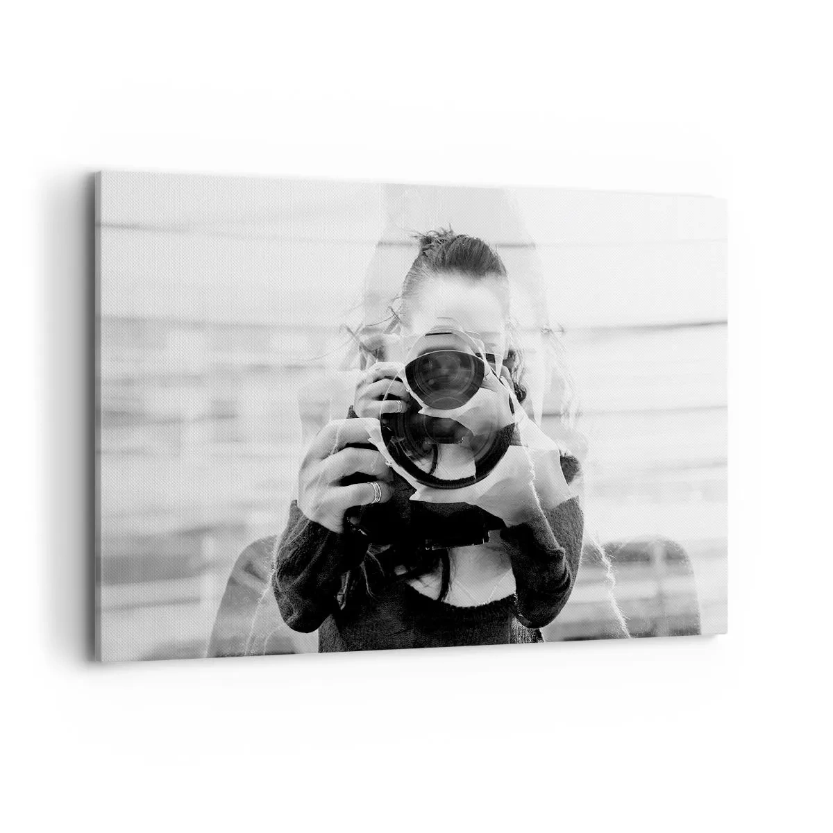 Cuadro sobre lienzo - Impresión de Imagen - Retrato de doble exposición en blanco y negro de un fotógrafo. - 100x70cm - Creador y creación - Decoración de pared moderna para salón y dormitorio ARTTOR