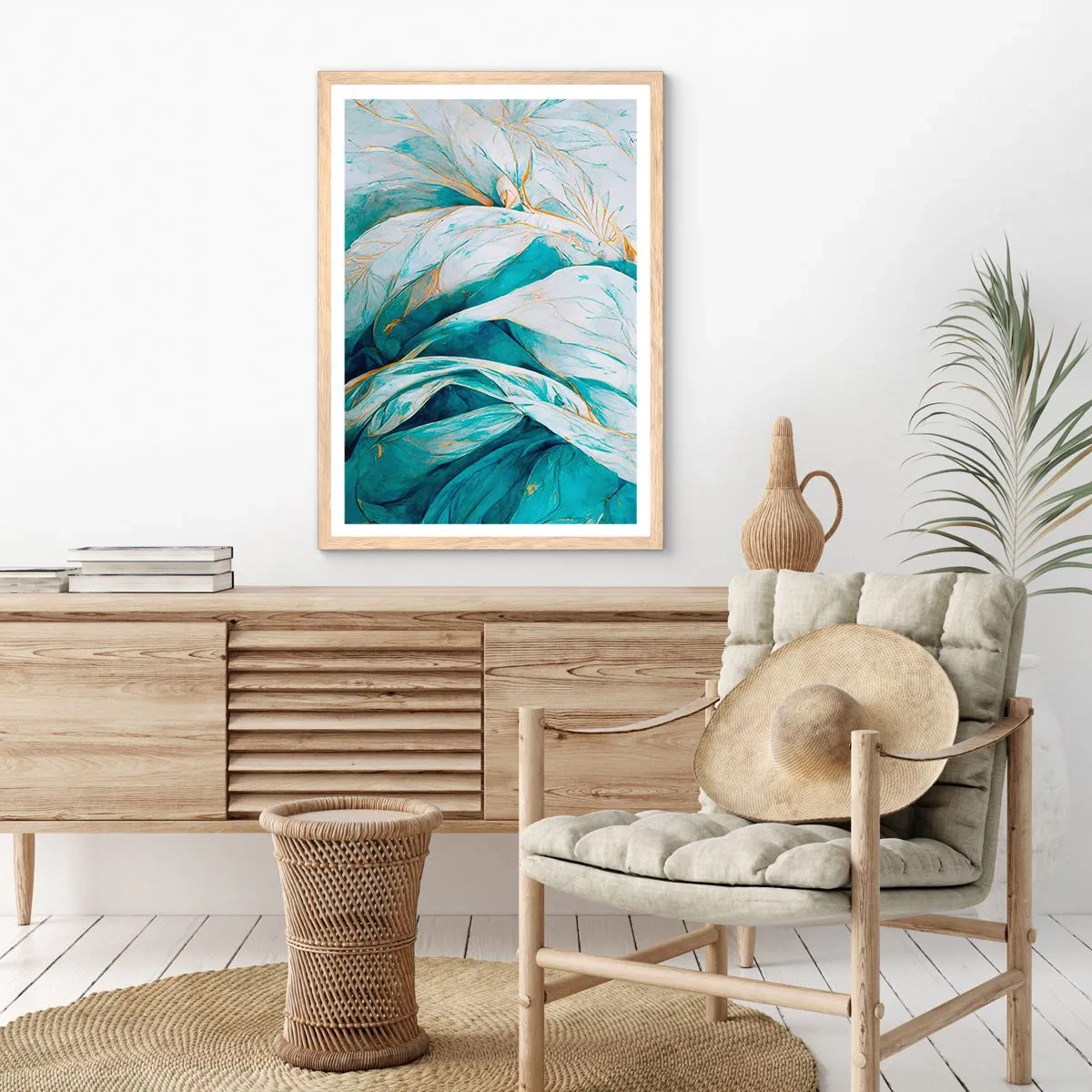Póster en marco roble claro - Abstracción azul con motivos dorados - 70x100 cm