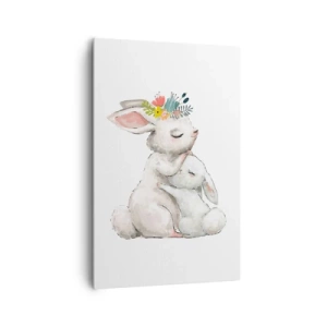 Cuadro sobre lienzo - Impresión de Imagen - Lindos conejos en colores pastel - 80x120cm - En ningún lugar mejor que con mamá - Decoración de pared moderna para salón y dormitorio ARTTOR