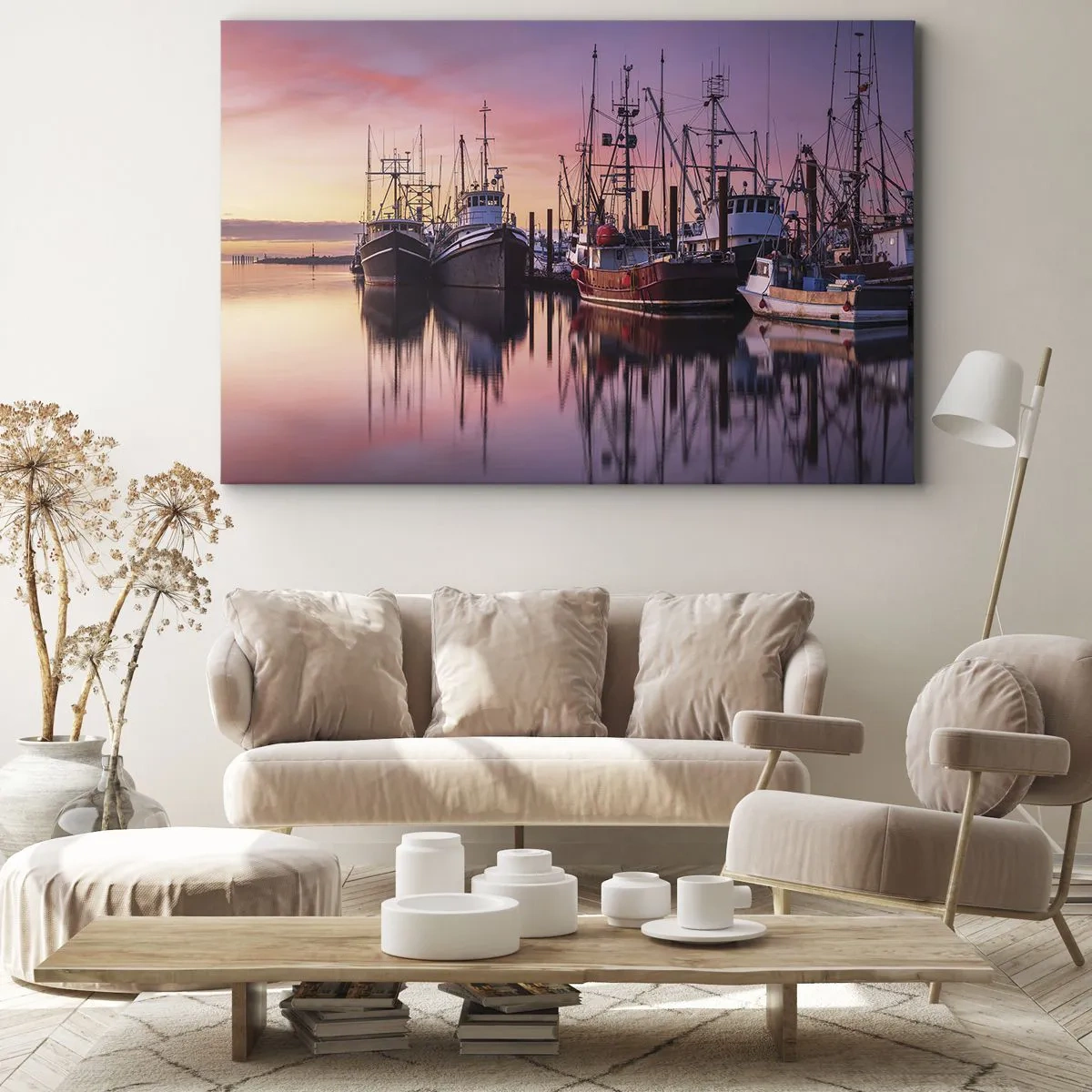 Cuadro sobre lienzo - Impresión de Imagen - Barcos de pesca en el puerto al atardecer - 100x70cm - Descanso antes de partir - Decoración de pared moderna para salón y dormitorio ARTTOR