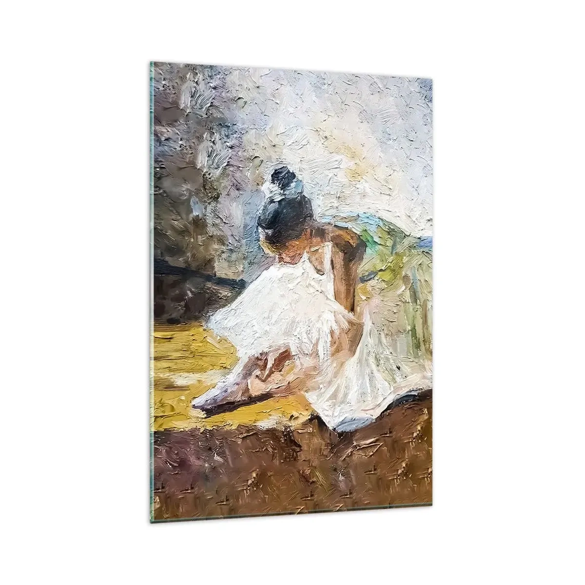 Cuadro sobre vidrio - Impresiones sobre Vidrio - Una bailarina con un vestido blanco de estilo pictórico sobre un fondo impresionista. - 80x120cm - De un cuadro de Degas - Decoración de pared moderna para salón y dormitorio ARTTOR