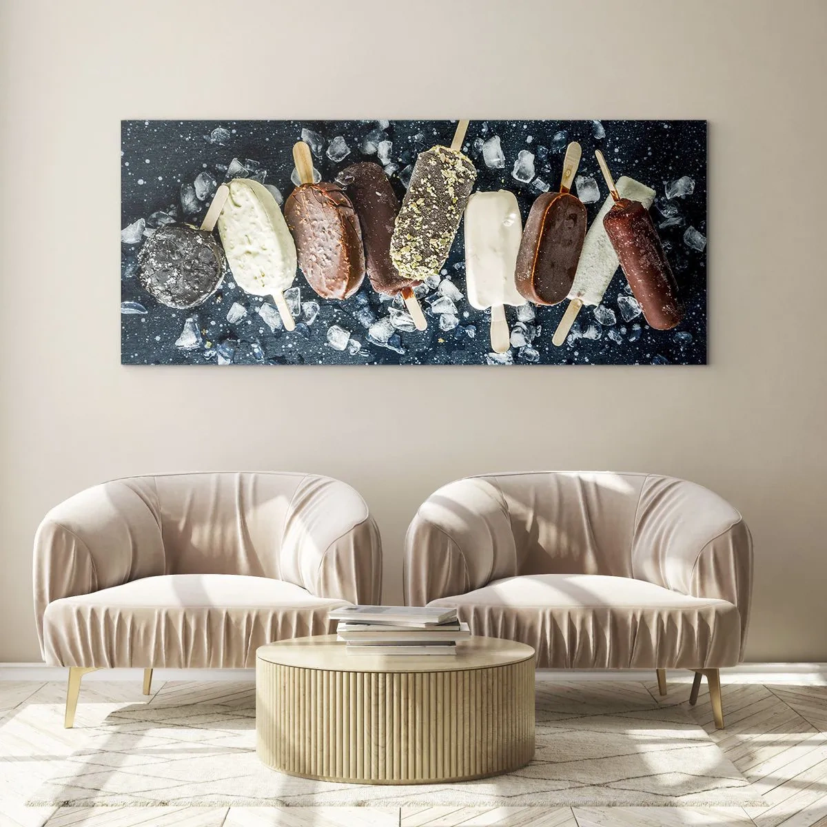 Cuadro sobre vidrio - Impresiones sobre Vidrio - Paletas de hielo de colores dispuestas sobre hielo con un fondo oscuro - 120x50cm - El sabor del verano caluroso - Decoración de pared moderna para salón y dormitorio ARTTOR