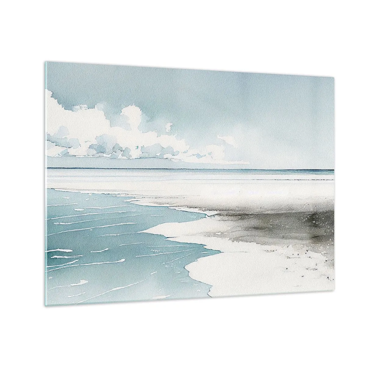 Cuadro sobre vidrio - Impresiones sobre Vidrio - Un paisaje marino tranquilo en estilo acuarela en tonos azules. - 70x50cm - Suave marea otoñal - Decoración de pared moderna para salón y dormitorio ARTTOR