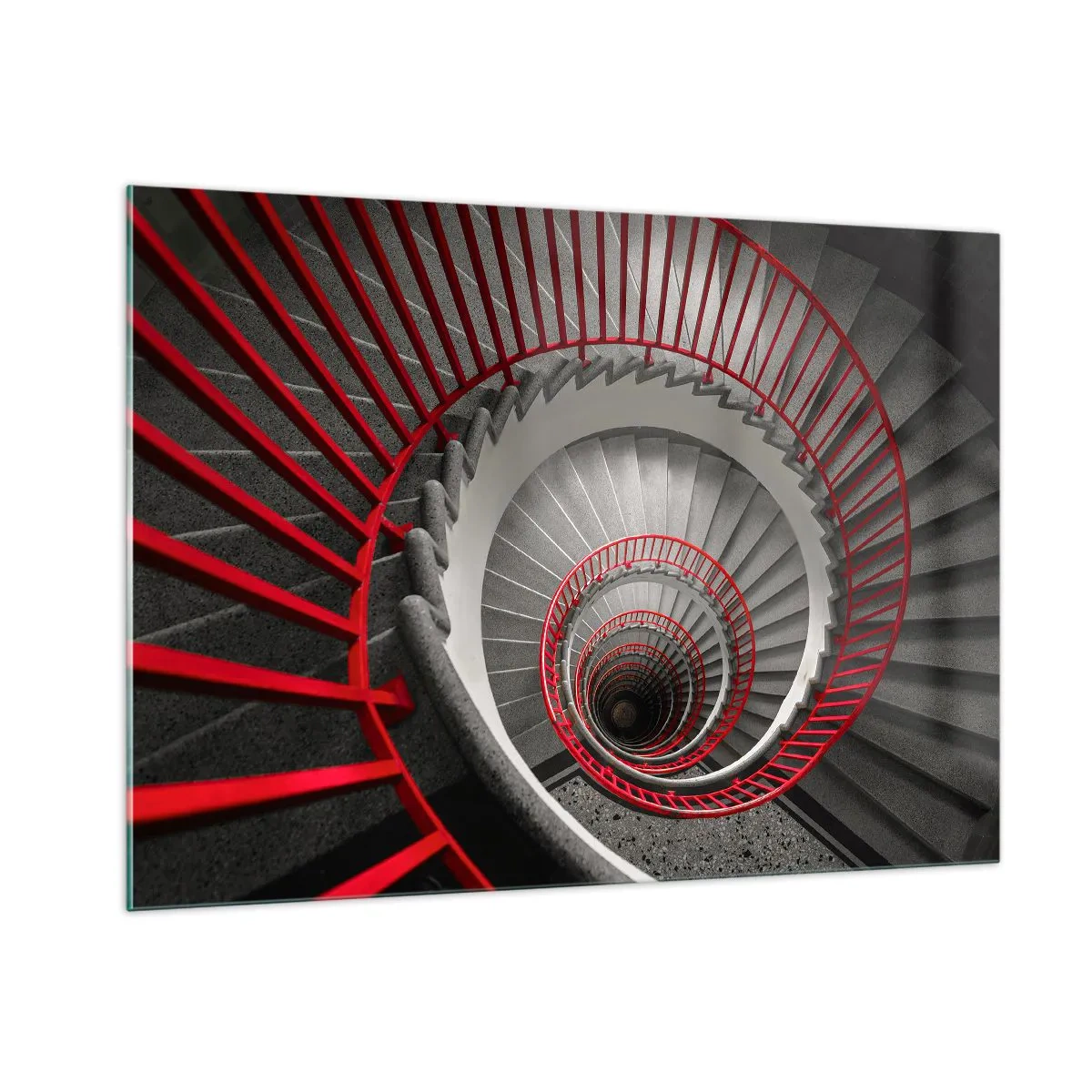 Cuadro sobre vidrio - Impresiones sobre Vidrio - Escalera de caracol con pasamanos rojos en perspectiva - 100x70cm - Juegos arquitectónicos - Decoración de pared moderna para salón y dormitorio ARTTOR