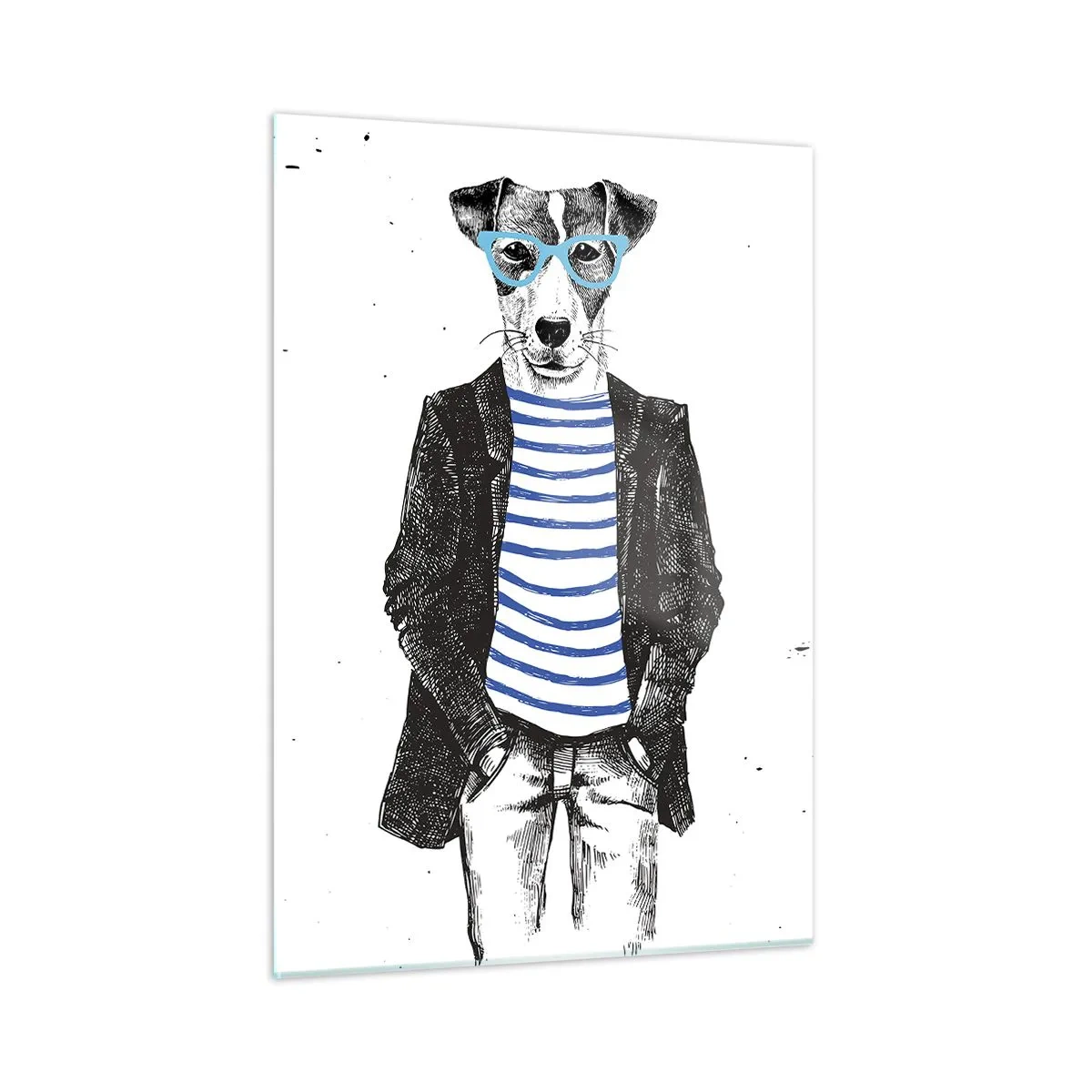 Cuadro sobre vidrio - Impresiones sobre Vidrio - Ilustración de un perro con camisa de marinero y gafas sobre un fondo blanco. - 50x70cm - El encanto del perro - Decoración de pared moderna para salón y dormitorio ARTTOR
