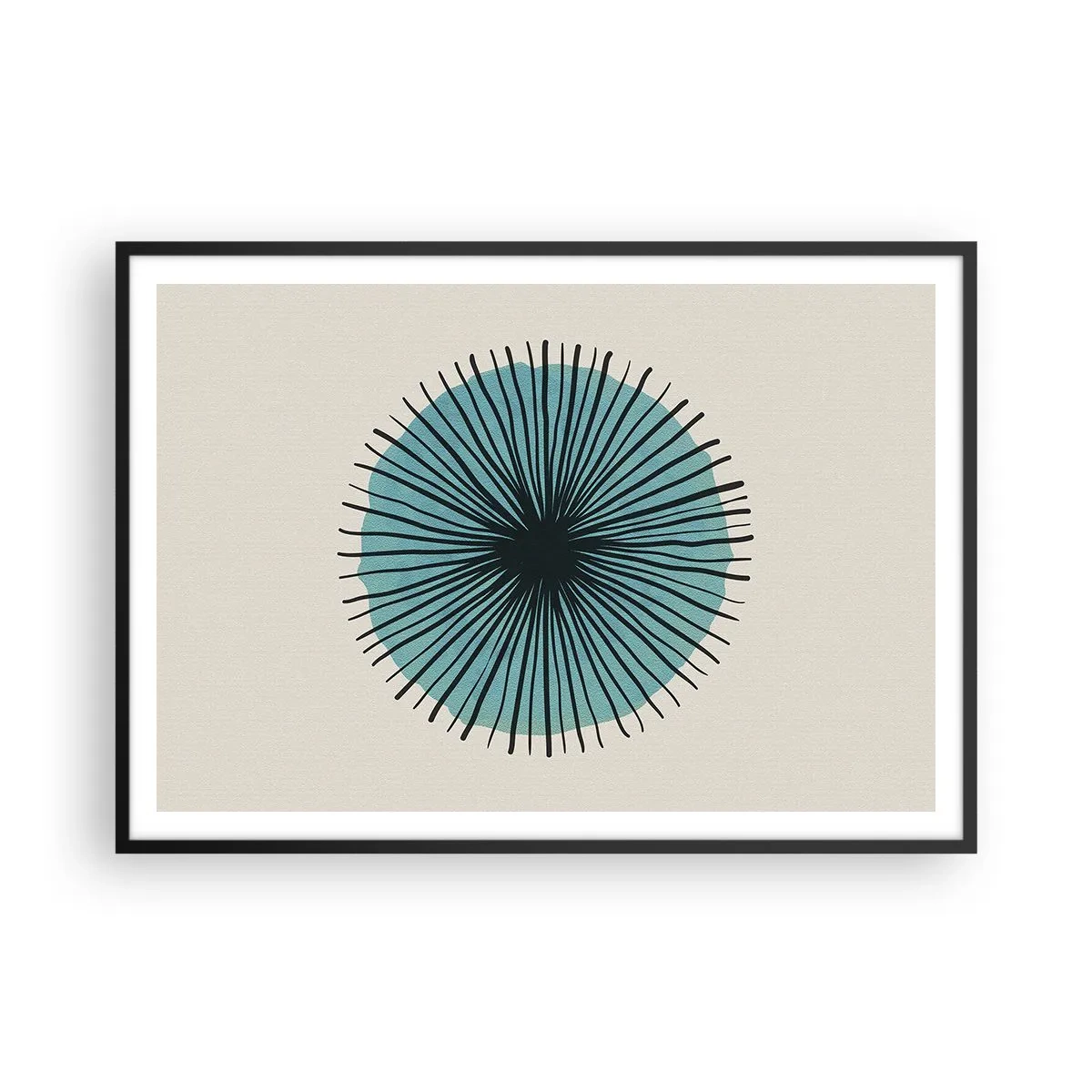 Póster en marco negro - Forma circular abstracta con rayos azules - 100x70cm - Radiante en azul - Decoración de pared moderna para salón y dormitorio ARTTOR