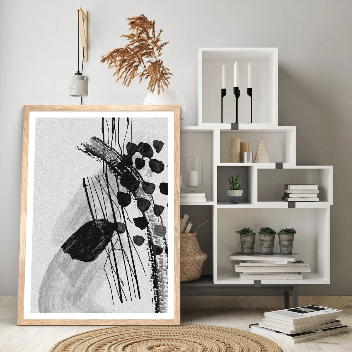 Póster en marco roble claro - Abstracción orgánica en blanco y negro - 70x100 cm