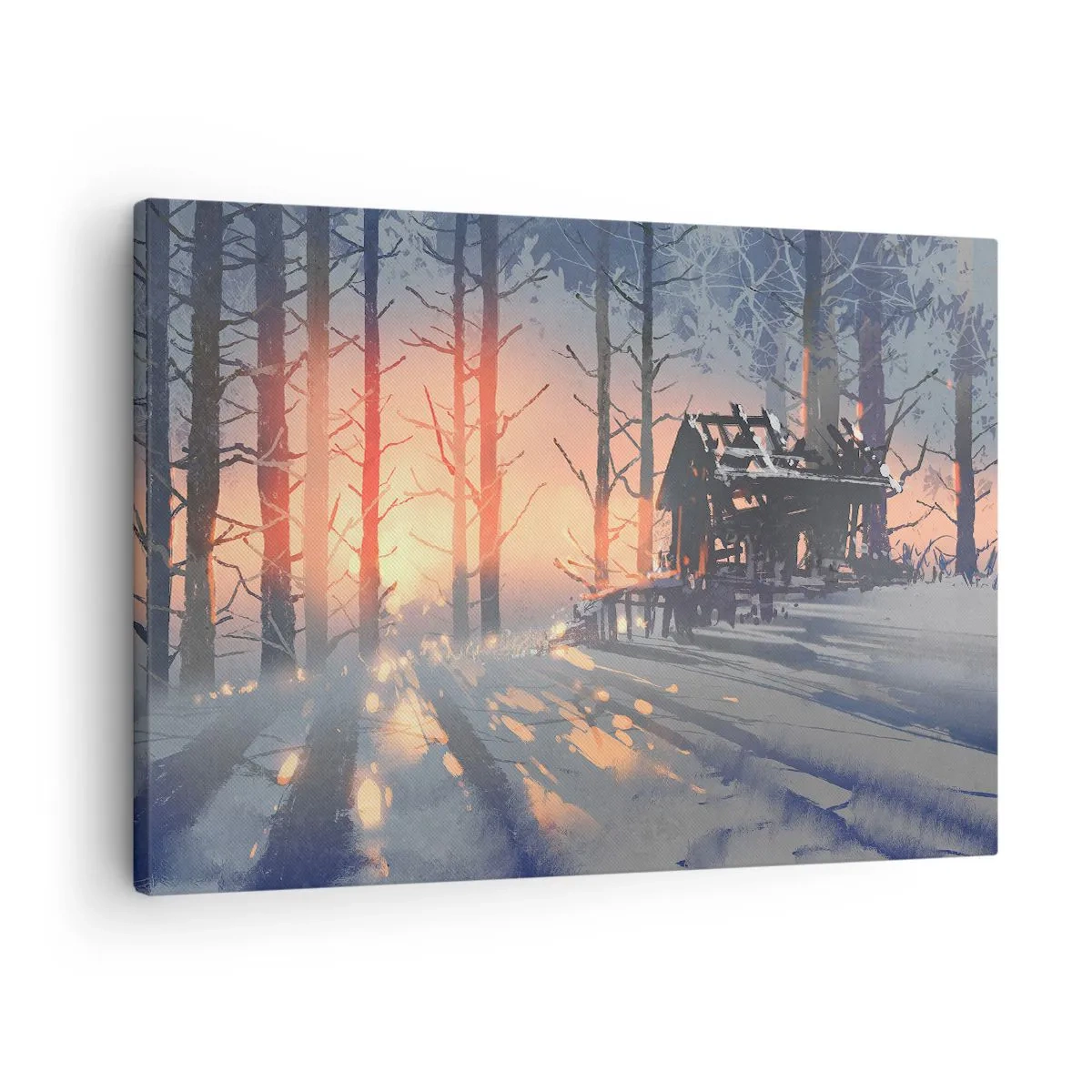 Cuadro sobre lienzo - Impresión de Imagen - Una cabaña forestal en un paisaje invernal con los rayos del sol poniente. - 70x50cm - Solo el sol es testigo - Decoración de pared moderna para salón y dormitorio ARTTOR
