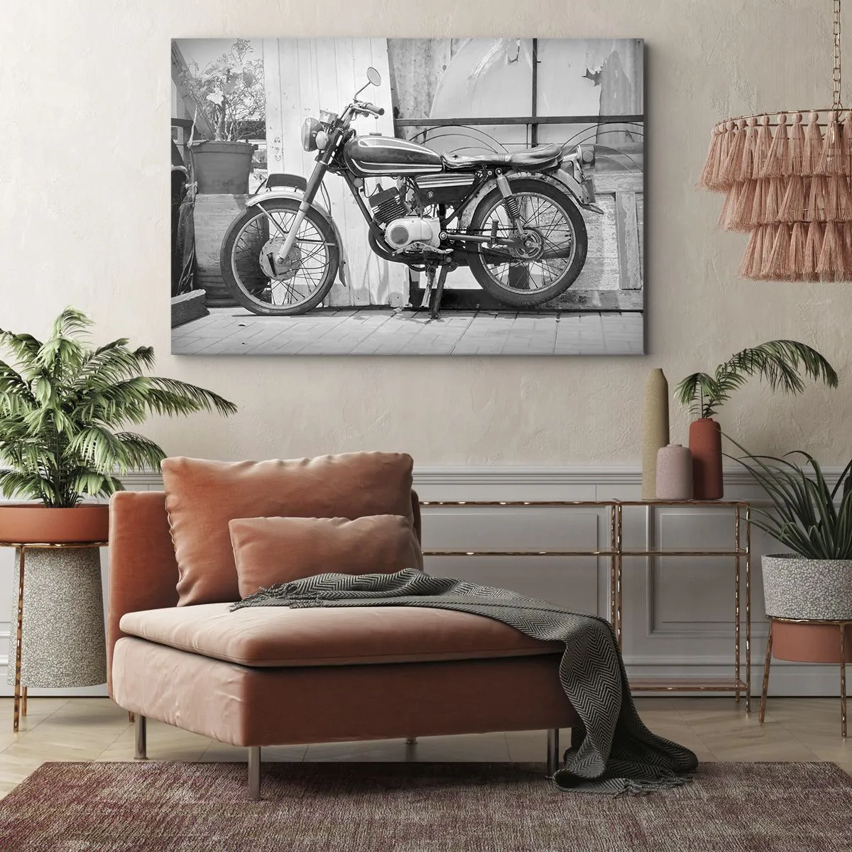 Cuadro sobre lienzo - Impresión de Imagen - Fotografía en blanco y negro de una motocicleta clásica. - 120x80cm - Los clásicos por encima de todo - Decoración de pared moderna para salón y dormitorio ARTTOR