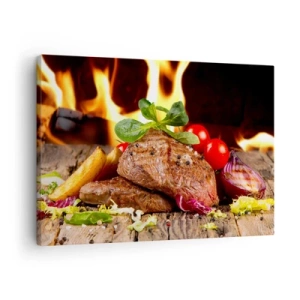 Cuadro sobre lienzo - Impresión de Imagen - Filete a la parrilla con acompañamientos con el telón de fondo de las llamas. - 70x50cm - Embrujo de fuego - Decoración de pared moderna para salón y dormitorio ARTTOR