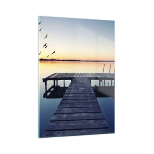 Cuadro sobre vidrio - Impresiones sobre Vidrio - Un muelle en el lago con vista al atardecer y pájaros en vuelo. - 50x70cm - Fue un buen día - Decoración de pared moderna para salón y dormitorio ARTTOR