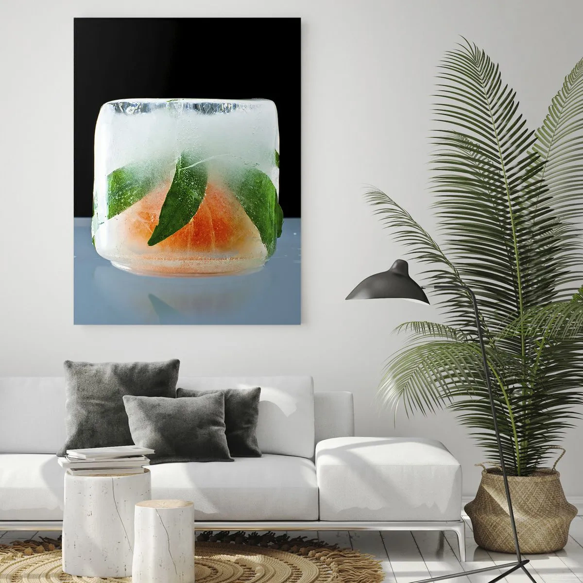 Cuadro sobre vidrio - Impresiones sobre Vidrio - Frutas y hojas congeladas en hielo transparente. - 50x70cm - Frescura - Decoración de pared moderna para salón y dormitorio ARTTOR