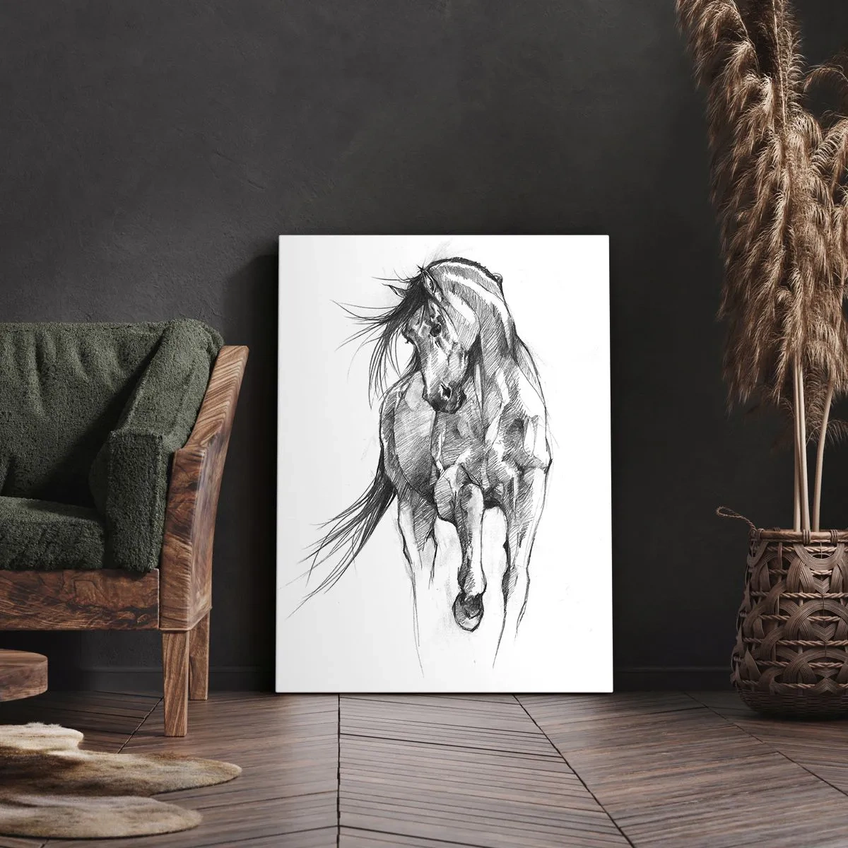 Cuadro sobre lienzo - Impresión de Imagen - Boceto en blanco y negro de un caballo al galope - 50x70cm - En un elegante trote - Decoración de pared moderna para salón y dormitorio ARTTOR