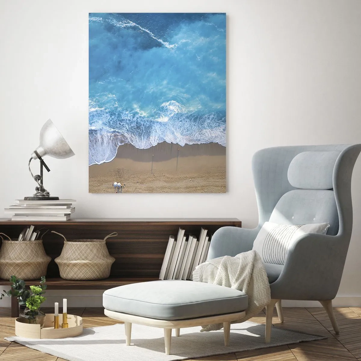 Cuadro sobre vidrio - Impresiones sobre Vidrio - Una vista de pájaro de la playa y las olas del mar. - 70x100cm - El poder del azul - Decoración de pared moderna para salón y dormitorio ARTTOR