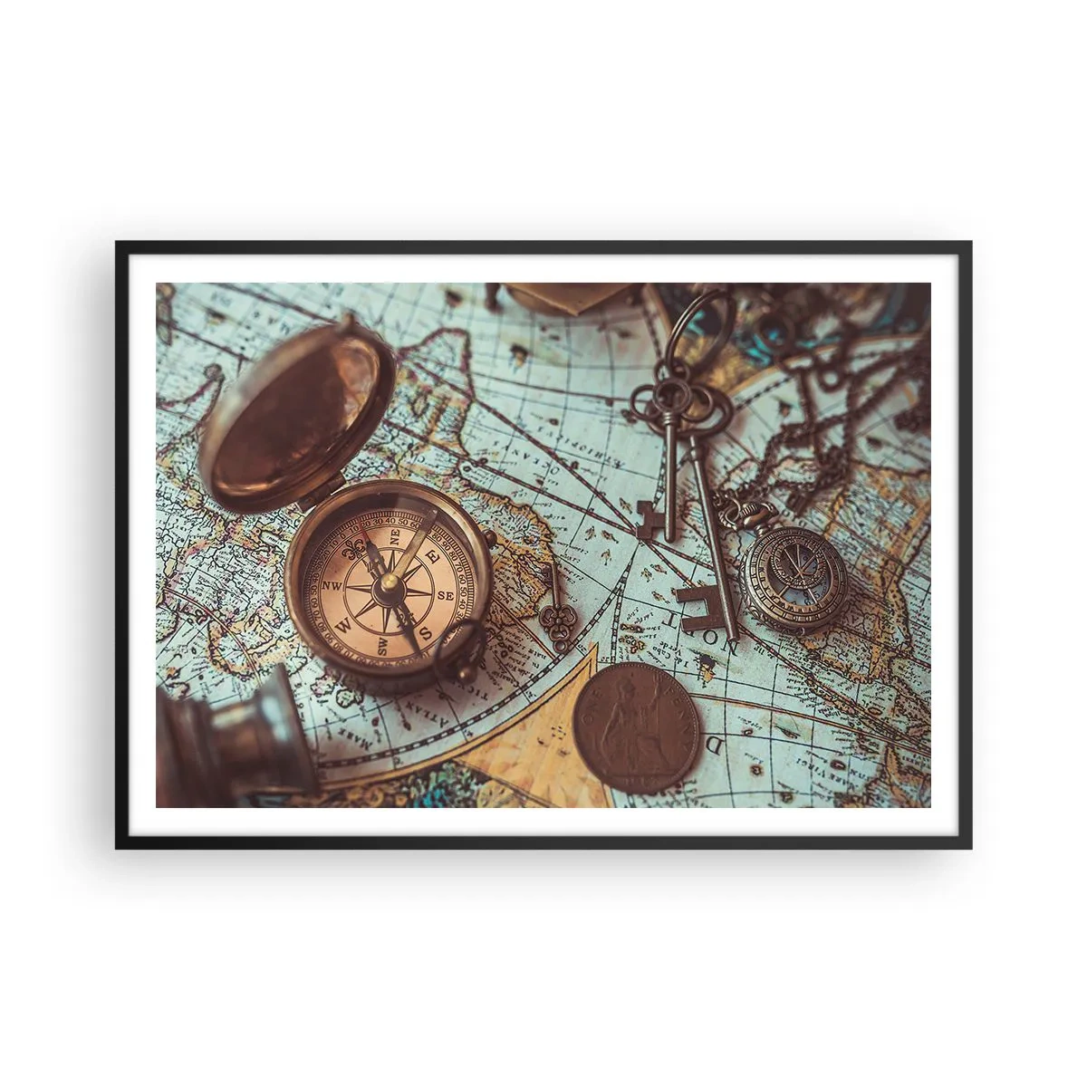 Póster en marco negro - Composición con brújula, llaves y un mapa antiguo en estilo retro - 100x70cm - Para el aventurero - Decoración de pared moderna para salón y dormitorio ARTTOR