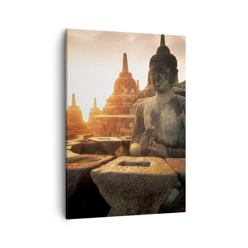 Cuadro sobre lienzo - Impresión de Imagen - Estatua de Buda en el templo de Borobudur al atardecer - 50x70cm - Tiempo de gran sabiduría - Decoración de pared moderna para salón y dormitorio ARTTOR