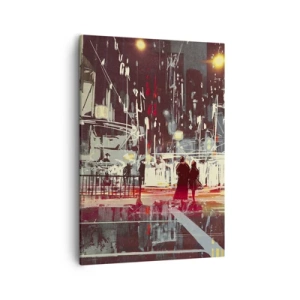 Cuadro sobre lienzo - Impresión de Imagen - Ciudad de noche con luces de neón y siluetas de personas en la calle. - 50x70cm - Una travesía metropolitana - Decoración de pared moderna para salón y dormitorio ARTTOR