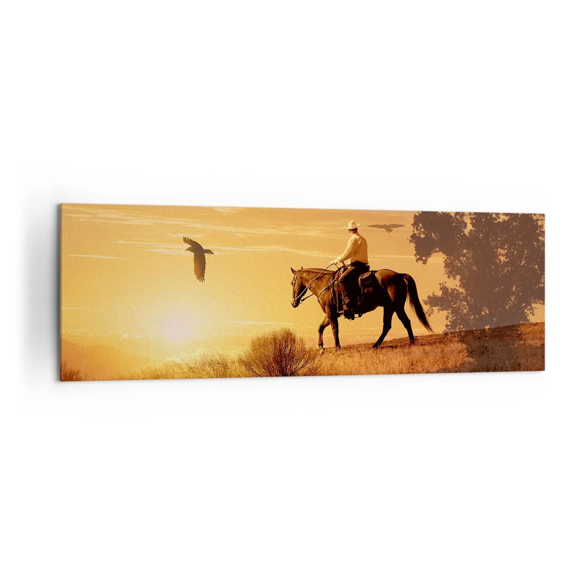 Cuadro sobre lienzo - Impresión de Imagen - Un jinete a caballo al atardecer contra la pradera. - 160x50cm - Solo a través de la pradera - Decoración de pared moderna para salón y dormitorio ARTTOR