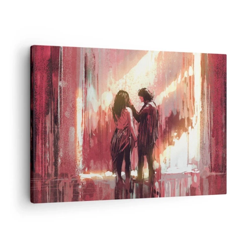 Cuadro sobre lienzo - Impresión de Imagen - Una pareja de pie bajo una luz cálida contra un fondo de patrones abstractos. - 70x50cm - El eterno espectáculo del amor - Decoración de pared moderna para salón y dormitorio ARTTOR