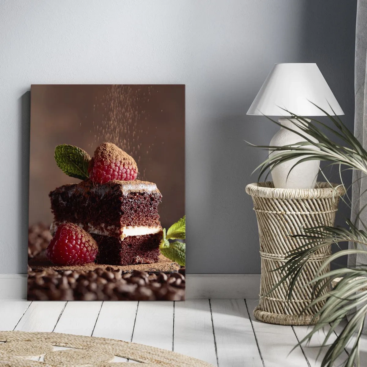Cuadro sobre lienzo - Impresión de Imagen - Pastel de chocolate con frambuesas y menta sobre un fondo de granos de cacao. - 70x100cm - La vida es dulce - Decoración de pared moderna para salón y dormitorio ARTTOR