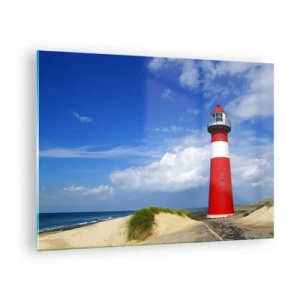 Cuadro sobre vidrio - Impresiones sobre Vidrio - Un faro rojo contra un cielo azul. - 70x50cm - Una soledad de ensueño - Decoración de pared moderna para salón y dormitorio ARTTOR
