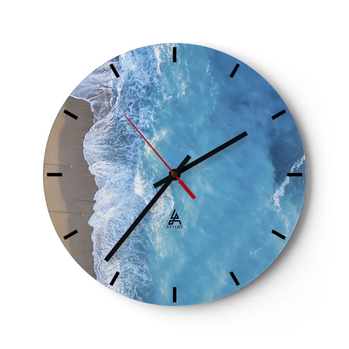 Reloj de pared - Reloj de vidrio - Una vista aérea de las olas del océano rompiendo en una playa de arena. - 30x30cm - El poder del azul - Decoración de pared moderna para salón, cocina y dormitorio ARTTOR