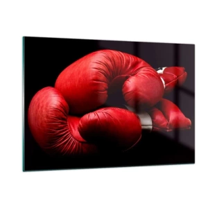 Cuadro sobre vidrio - Impresiones sobre Vidrio - Guantes de boxeo rojos sobre fondo negro - 120x80cm - La emoción del combate quedó atrás - Decoración de pared moderna para salón y dormitorio ARTTOR