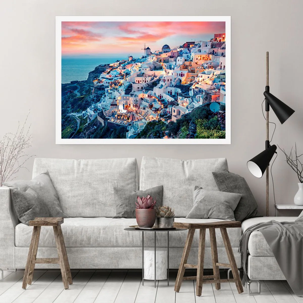 Póster - Santorini al atardecer con edificios blancos en la colina - 100x70cm - Vacaciones en Grecia - Decoración de pared moderna para salón y dormitorio ARTTOR