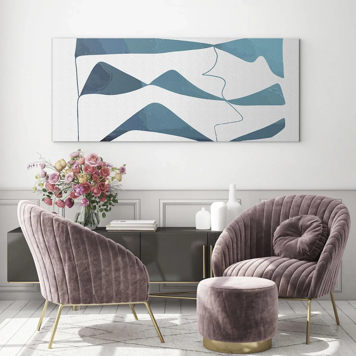 Cuadro sobre vidrio - Impresiones sobre Vidrio - Formas abstractas en tonos azules sobre un fondo blanco. - 120x50cm - Abstracción: un compuesto turquesa - Decoración de pared moderna para salón y dormitorio ARTTOR