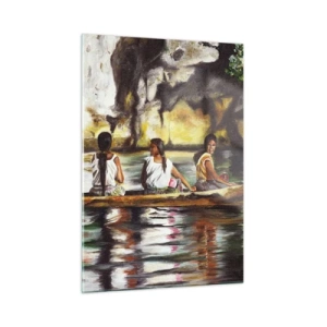 Cuadro sobre vidrio - Impresiones sobre Vidrio - Mujeres en un barco con el telón de fondo de pintorescas rocas y agua. - 50x70cm - En un paraíso polinesio - Decoración de pared moderna para salón y dormitorio ARTTOR