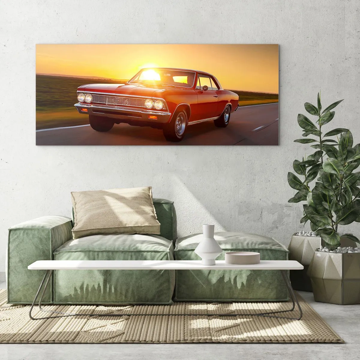 Cuadro sobre vidrio - Impresiones sobre Vidrio - Un coche rojo al atardecer en una carretera abierta. - 120x50cm - El deseo es rojo - Decoración de pared moderna para salón y dormitorio ARTTOR