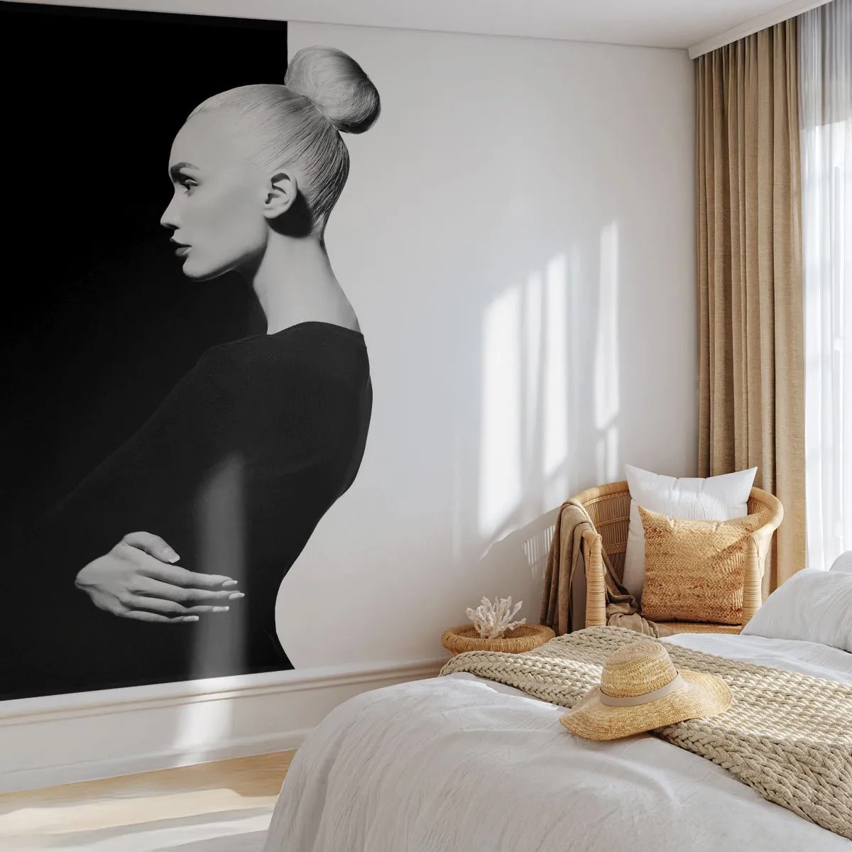 Fotomural Premium Sand - Silueta en blanco y negro de una mujer sobre un fondo contrastante. - 100x70cm - Simplemente femenina - Decoración de pared moderna para salón y dormitorio ARTTOR